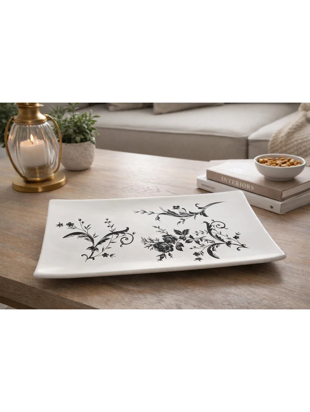 Black and White Floral Ceramic Tray Arabesque Vine Vanity Soap Jewelry Dish